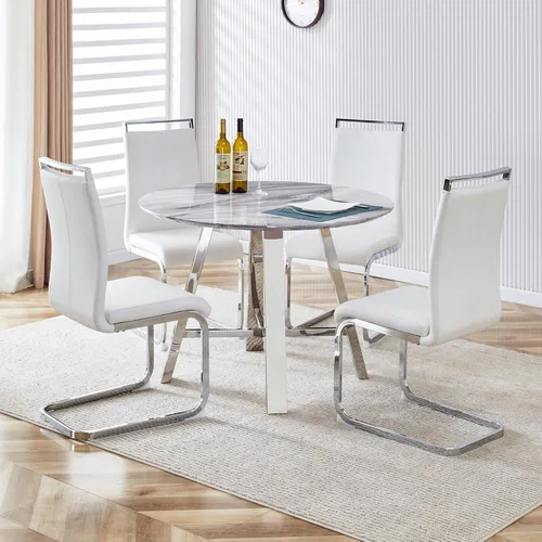 Vista 2 de Juego de 4 sillas de comedor redondas de 42 pulgadas para 4, sillas de mesa de cocina modernas para 4 mesas de comedor de mármol sintético, sillas