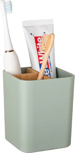 Vista 11 de Soporte de bambú para cepillos de dientes para baños, 3 ranuras para cepillos de dientes y pasta de dientes, organizador de mostrador de baño