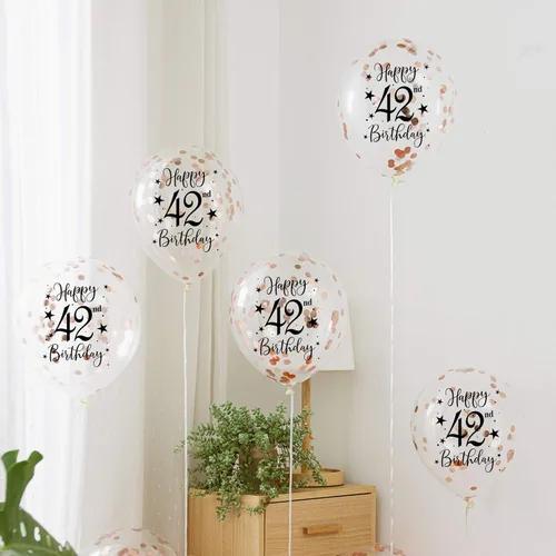Vista 2 de Globos de látex de confeti de oro rosa 42, decoración de globos de fiesta de cumpleaños de 42 años con confeti, 12 pulgadas, paquete de 16