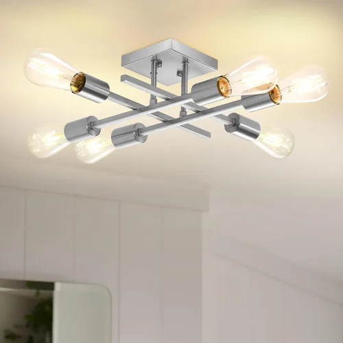 Lámpara de techo semiempotrada de 6 luces, níquel cepillado industrial cerca del techo, moderna base E26 Sputnik lámpara de techo para cocina,