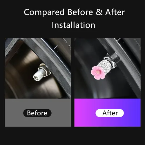 Vista 3 de 4 paquetes de tapas de vástago de válvula de neumático de automóvil con cristales de strass Sakura, flores de cerezo, a prueba de polvo, atractivas