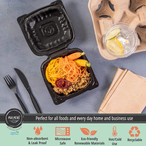 Vista 4 de MULMEHË Recipientes de alimentos de plástico de polipropileno relleno mineral con bisagras, 6 x 6 x 3, compartimento único ventilado, negro, paquete