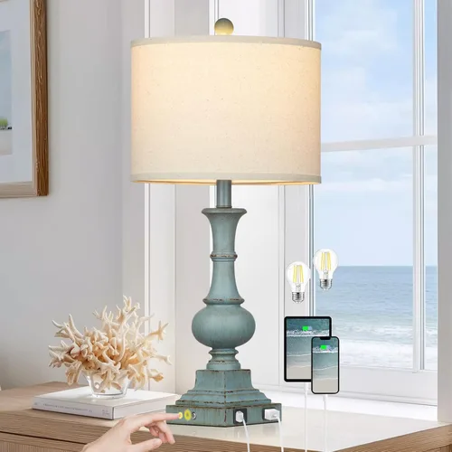 Vista 11 de 26" Farmhouse Table Lamp, Vintage Rustic Touch Control Bedside Lamp with 2 USB Ports & AC Outlet, Boho Resin 3-Way Dimmable Nightstand Lamp Linen