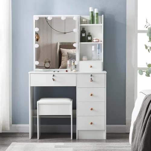 Vista 2 de Koestem Tocador de maquillaje con luces y 3 modos de iluminación de color, juego de escritorio con espejo y luces LED, tocador con taburete y 5