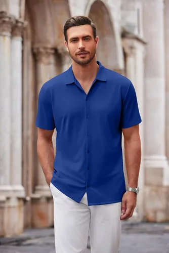 Vista 47 de COOFANDY Camisa casual con botones para hombre, manga corta, sin arrugas, camisa de verano