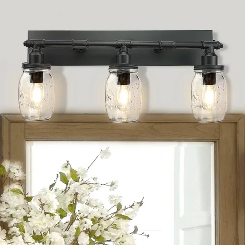 Vista 8 de Lámpara de pared de baño, lámpara industrial de tarro de masón, aplique de pared con acabado negro (4 luces)