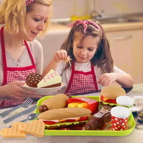 Vista 5 de LovesTown Juguetes para niños, hamburguesa, 20 piezas, juego de alimentos para niños, juguete de simulación, comida falsa, comida para niños, regalo