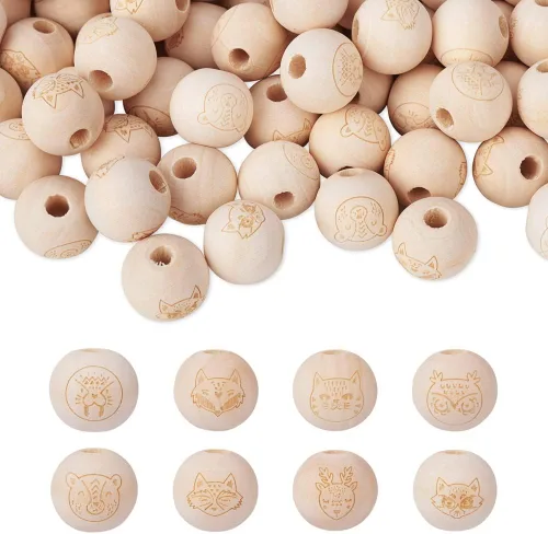 Vista 19 de Cheriswelry 100 cuentas de madera natural sin terminar de 0.631 pulgadas (0.630 in) con patrón grabado láser blanco antiguo, cuentas de madera