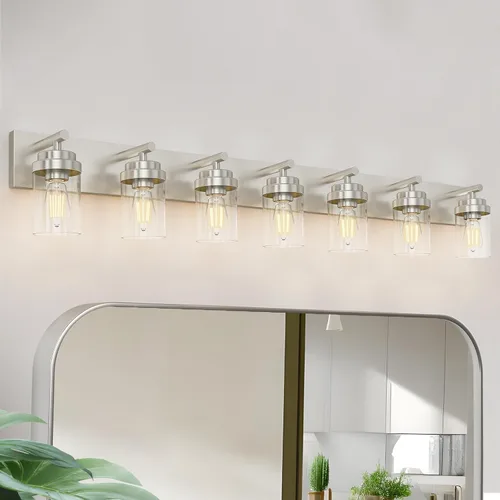 Vista 31 de IZORRO Lámpara de tocador de baño, 3 luces de 22 pulgadas de níquel cepillado sobre espejo, con pantalla de vidrio blanco, luces modernas de tocador