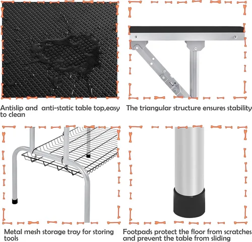 Vista 4 de Yaheetech Mesa plegable y portátil de aseo para mascotas para el hogar, marco en forma de H de acero inoxidable, altura ajustable, mesa de belleza