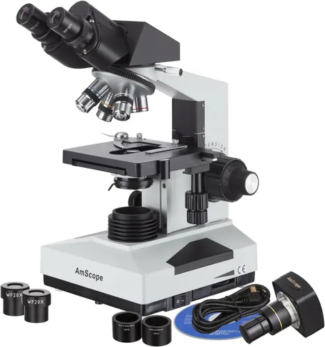 Vista 10 de AmScope Microscopio binocular compuesto B490, Oculares WF10x, Ampliación 40X-1000X, Brightfield, Iluminación halógena, Condensador Abbe, Etapa
