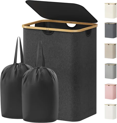 Vista 23 de Lifewit - Canasta de lavandería de 100L con tapa, cestas de ropa para la lavandería con asas de bambú y una bolsa de lavandería extraíble, cesto