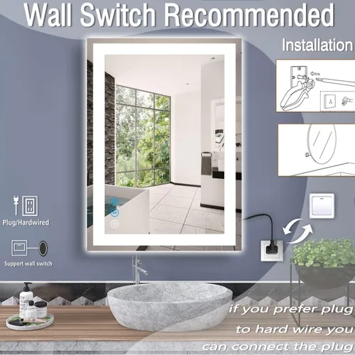 Vista 7 de Espejo de baño LED de 30 x 20 pulgadas con luces, 3 colores de brillo ajustable, antiniebla, espejo de tocador iluminado de 30 pulgadas para pared