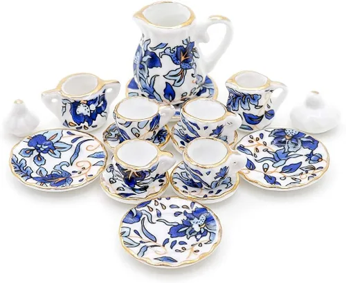 Vista 14 de Odoria Juego de té de porcelana en miniatura 1/12, 15 piezas, accesorios de decoración de casa de muñecas, flor rosa