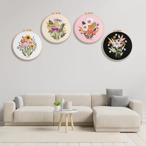 Vista 6 de Kit de bordado de flores Picoey para principiantes con patrón de flores e instrucciones, 4 kits de punto de cruz, 2 aros de madera para bordar