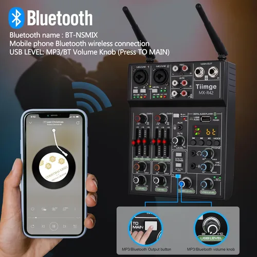 Vista 2 de Mezclador de audio profesional con micrófono inalámbrico dual, interfaz de sistema de consola de placa de sonido, 4 canales, mezclador de DJ USB
