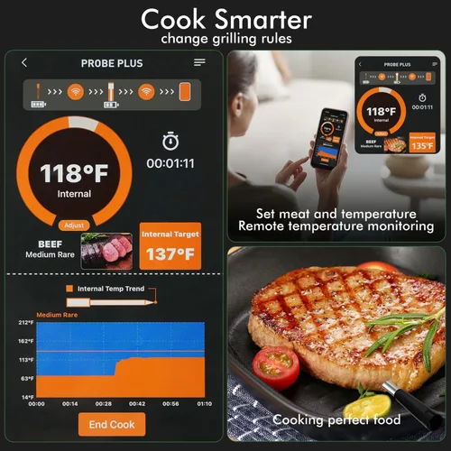 Vista 2 de Termómetro inalámbrico inteligente para carne, 4 sondas, termómetro Bluetooth para alimentos, seguimiento remoto y lecturas en tiempo real desde