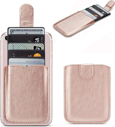 Vista 10 de Funda con bloqueo RFID para tarjetero de teléfono, cartera trasera de cuero PU para teléfono adhesiva con tira para 5 tarjetas, cubre bolsillos