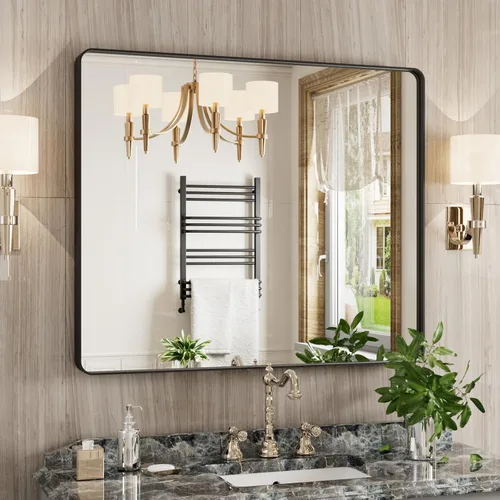 Vista 37 de JISOSO - Espejo de baño negro de 20x30 pulgadas con marco de metal negro, espejo de tocador rectangular redondeado con acabado mate para pared