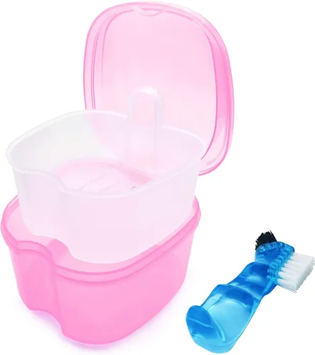Vista 18 de Paquete de 2 estuches de baño para dentaduras postizas, soporte para dientes postizos con cepillo, estuche de limpieza para retenedores, taza