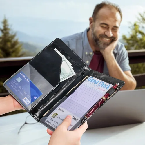 Vista 6 de EcoVision Libro de Servidor para Mesera, Organizador de Cuero para Mesero con Bolsillo con Cremallera, Libreta para Personal de Restaurante