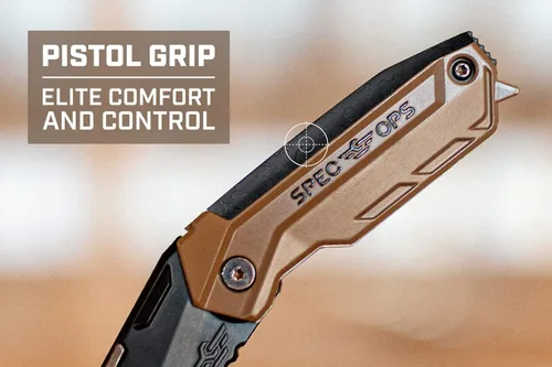 Vista 3 de Spec Ops Tools - Cuchillo utilitario plegable con cuchilla retráctil, incluye 3 cuchillas extra en el almacenamiento del mango, 3% donado a veteranos