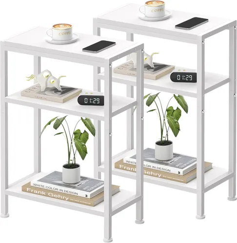 Vista 15 de Mesa auxiliar estrecha para espacios pequeños, mesa auxiliar delgada de 2 niveles, mesita de noche delgada, mesa de sofá delgada para aperitivos