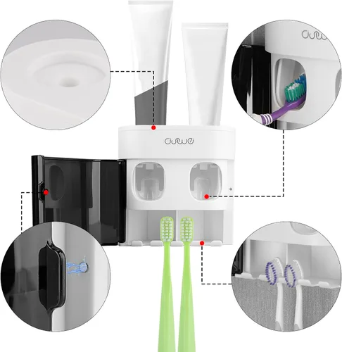 Vista 3 de Linkidea - Soporte para cepillos de dientes con 4 ranuras con 2 exprimidores de pasta de dientes, colgador de cepillos autoadhesivo para baño