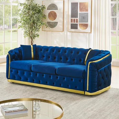 Vista 18 de Sofá Chesterfield de 62.6 pulgadas, moderno de mediados de siglo, sofá de terciopelo blanco beige y dorado, sofás de lujo para sala de estar