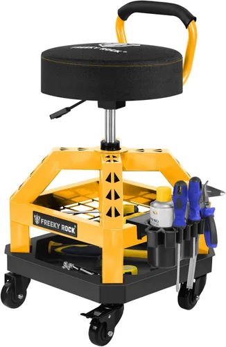 Vista 12 de Rolling Shop Taburete con ruedas, silla de taller mecánico de garaje con respaldo de asa, taburete de trabajo de altura ajustable, asiento