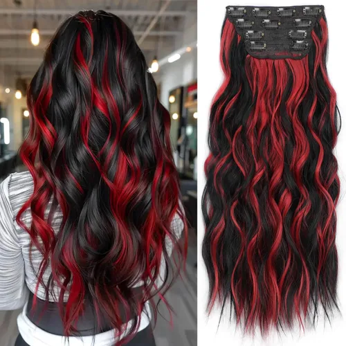 Vista 69 de KooKaStyle Extensiones de cabello sintético con pinzas, largo, ondulado, grueso, balayage, marrón chocolate a rubio caramelo, fibra 10H26