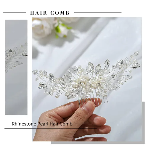 Vista 3 de Peines de pelo de boda Peine de pelo de flor plateada perla pieza de pelo de novia de cristal accesorio para el cabello para mujeres