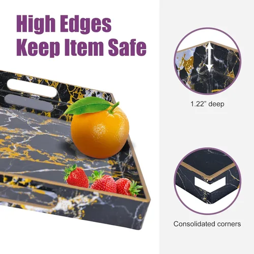 Vista 4 de Gifturbo - Bandeja de servir negra, bandejas de servir decorativas de mármol con asas, bandejas rectangulares de plástico para mesa de café otomanas