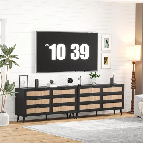 Vista 5 de Rovaurx Cómoda doble de 6 cajones para dormitorio, cómoda de ratán, cómoda de madera moderna con asas doradas, mesa auxiliar para armario, sala