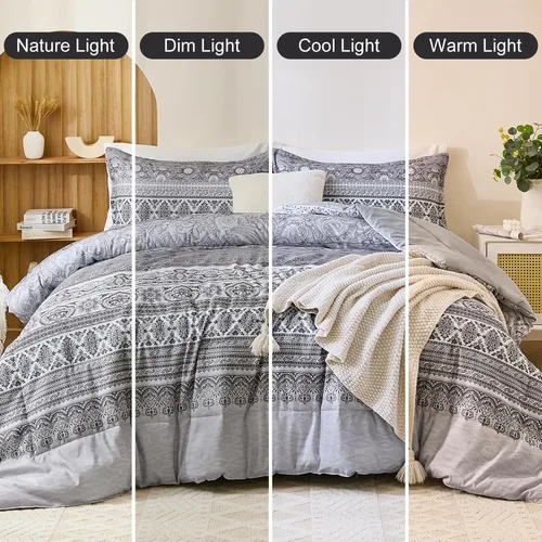 Vista 8 de Goodidea Juego de edredón bohemio de 3 piezas, tamaño Queen, edredón gris bohemio a rayas, juego de ropa de cama de microfibra suave y ligera con 2