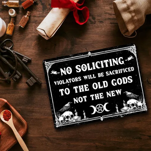 Vista 3 de Letrero de metal para baño de bruja, letrero de humor oscuro con texto "No Soliciting", espeluznante decoración del hogar, de aluminio, libre