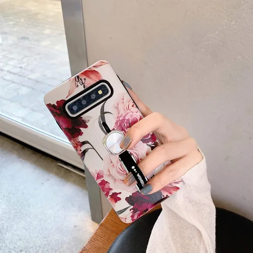 Vista 4 de Hosgor Funda Samsung Galaxy S10 Plus para mujer, diseño de agarre de dedo con estampado de flores, resistente, a prueba de golpes, delgada, suave
