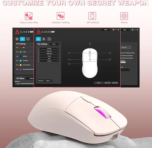Vista 5 de Ajazz Mouse inalámbrico para juegos, USB-C recargable 2.08 oz, mouse ultraligero para computadora, alto rendimiento PAW3395, 26000DPI, 6 botones