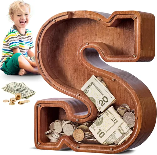 Vista 45 de SummiDate Alcancía de madera de letra para niños y niñas, Alfabeto, regalo de cumpleaños para niños (W)