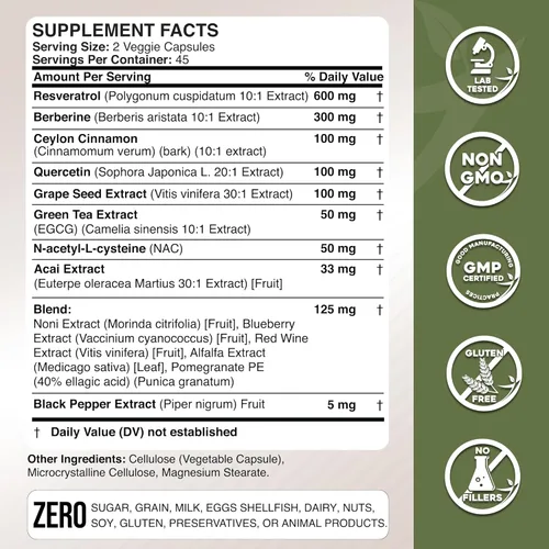 Vista 4 de Gade Nutrition Resveratrol Berberina Quercetina Extracto de semilla de uva Extracto de té verde N-acetil cisteína - Suplemento complejo 14 en 1