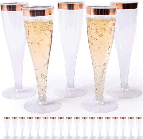 Vista 15 de Prestee 200 Flautas de Champán Desechables con Purpurina Dorada - Copas de Champán de Plástico de 4.5 Oz para Fiestas, Brindis de Boda, Barra