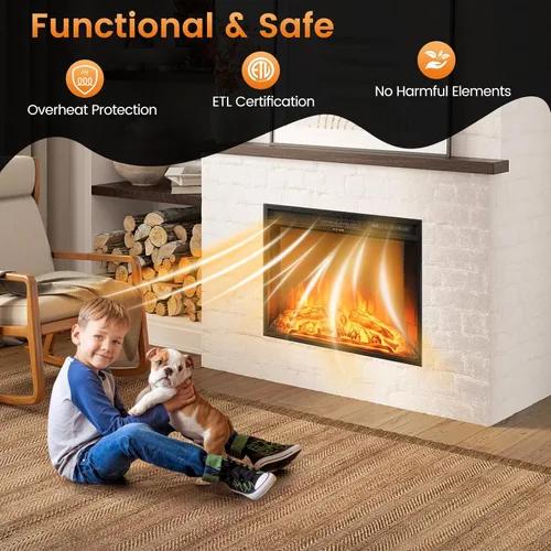 Vista 7 de COSTWAY Inserto de chimenea eléctrica de 26 pulgadas de ancho, 5,000 BTU empotrado e independiente calentador de chimenea con control remoto, 3