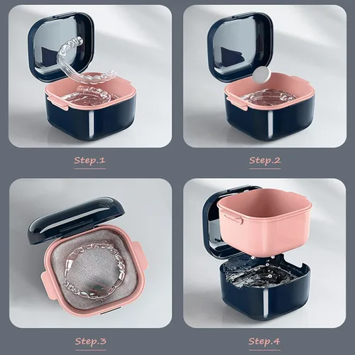 Vista 5 de Vaso de dentadura, estuche de retenedor, bonito soporte para caja de protección bucal nocturna, contenedor de almacenamiento con cesta coladora