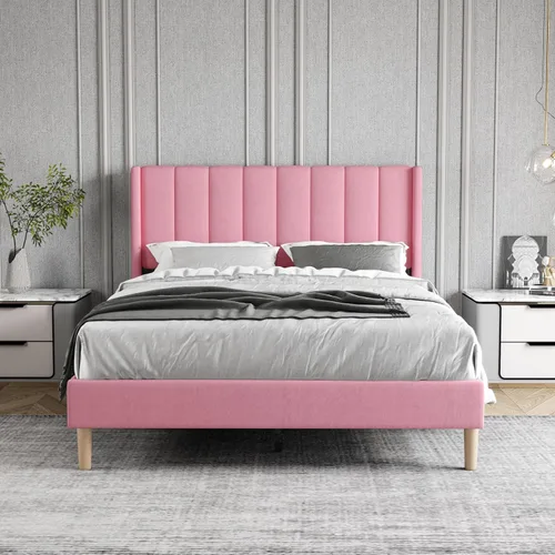 Vista 78 de Zoophyter Base de cama tapizada tamaño King con cabecero, listones de madera fuertes, no necesita somier, fácil montaje, terciopelo beige