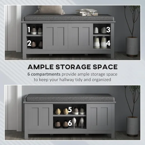 Vista 4 de HOMCOM Banco otomano de almacenamiento para zapatos de entrada con puertas correderas, estantería ajustable, 6 compartimentos y asiento acolchado
