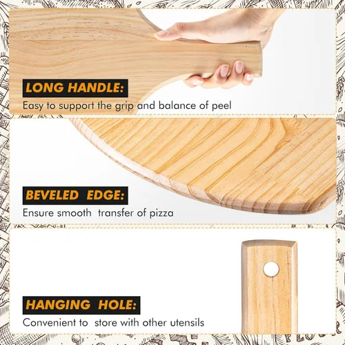 Vista 3 de Bokon Paquete de 2 palas de madera para pizza, 14 x 12 pulgadas, juego de paletas de pizza grandes con mango de madera de 4 pulgadas para horno