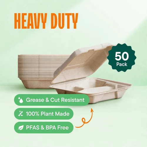Vista 2 de Recipientes de alimentos 100% compostables para llevar [8 x 8 pulgadas, 3 compartimentos, paquete de 50 unidades], contenedores de calidad