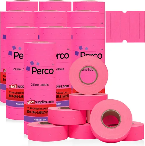 Vista 18 de Perco Etiquetas amarillas de 2 líneas, 8 rollos, 1 manga, 6,000 etiquetas de precio en blanco y fecha para pistolas Perco de 2 líneas de precio