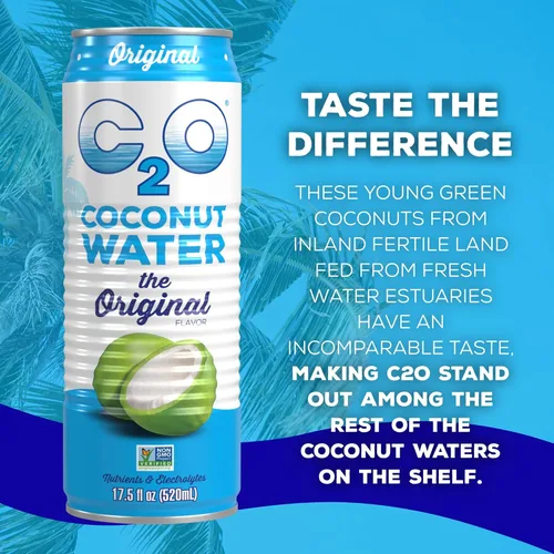 Vista 6 de C2O - Agua de coco, el sabor original (paquete de 12) - Hecho con agua de coco fresca, a base de plantas - Agua enlatada sin OGM - Hidratación