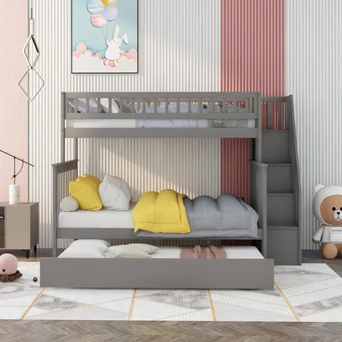 Vista 108 de Harper & Bright Designs Litera de tamaño matrimonial sobre matrimonial con 3 cajones, litera de madera maciza con almacenamiento y riel